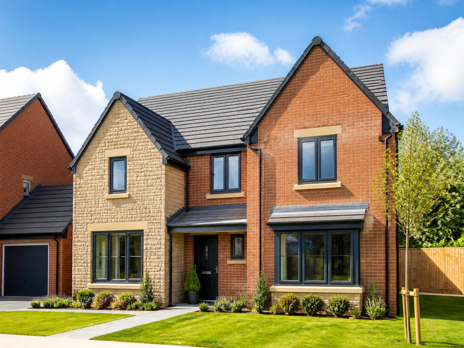 A modern UK new-build detached house in bright daylight